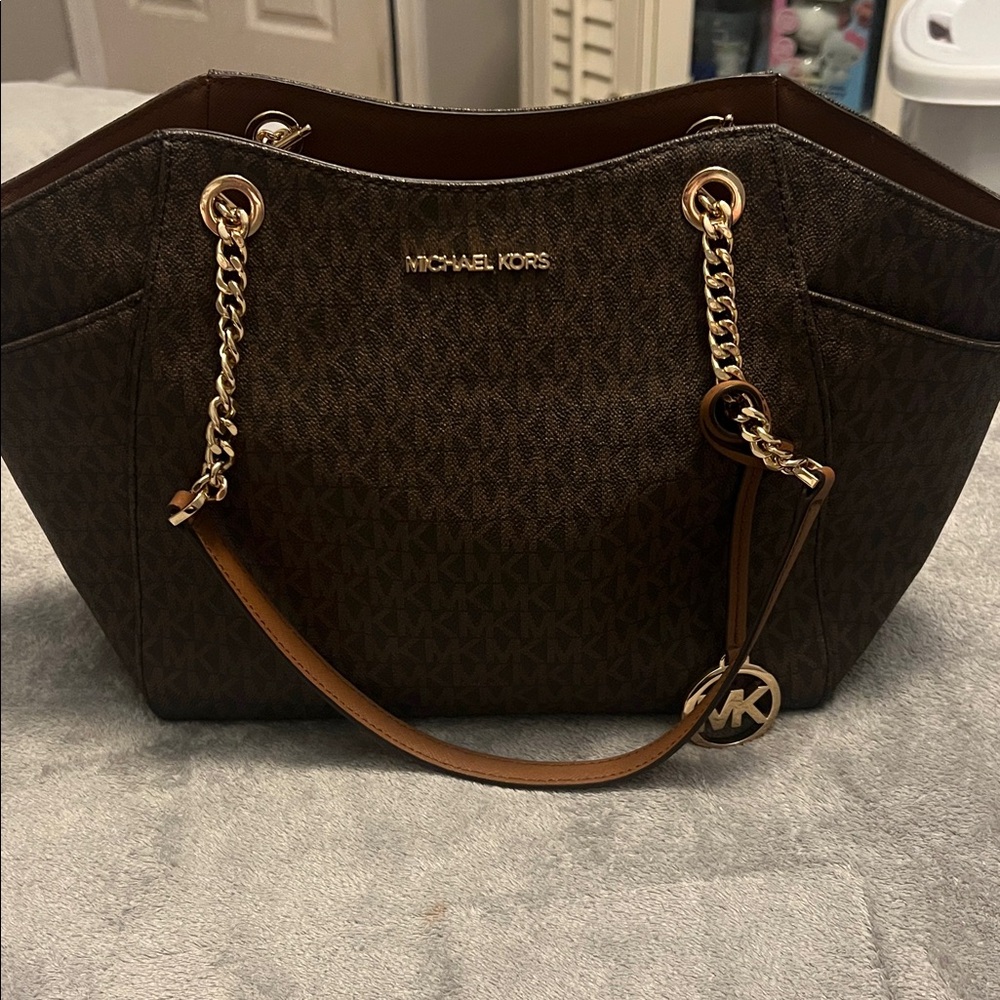 Michael Kors Dark Brown Handbag with Gold Chain